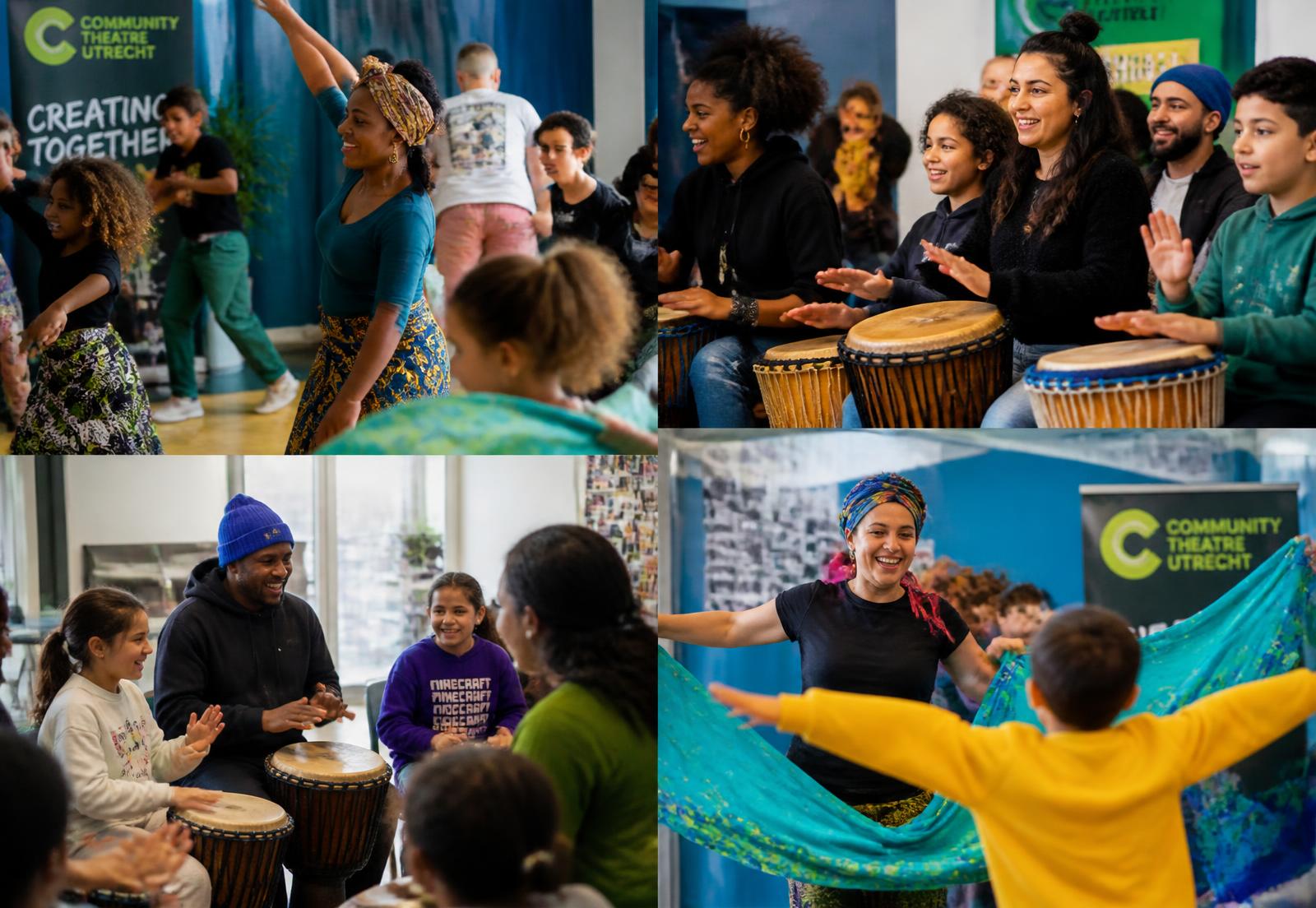 Kinderen, jongeren en creatieve docenten dansen en drummen samen tijdens een TSA-workshop in Utrecht